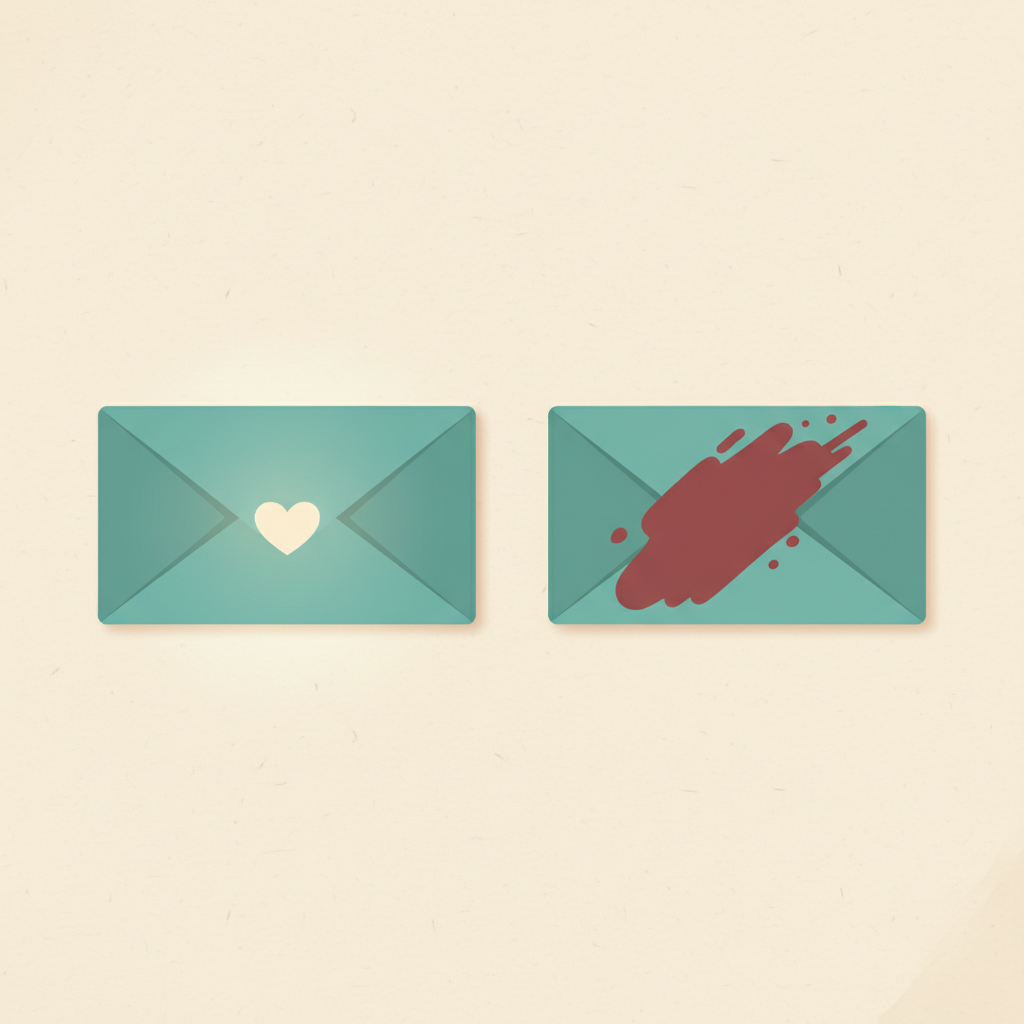 Two envelopes side by side, one marked with a heart and one stained red, contrasting a clean unsubscribe with a spam complaint.