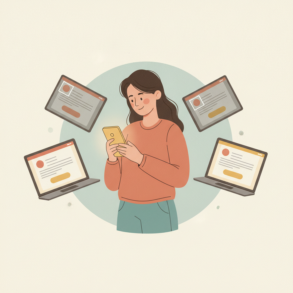 A person checking email on a phone surrounded by screens showing the same email rendered differently on each.